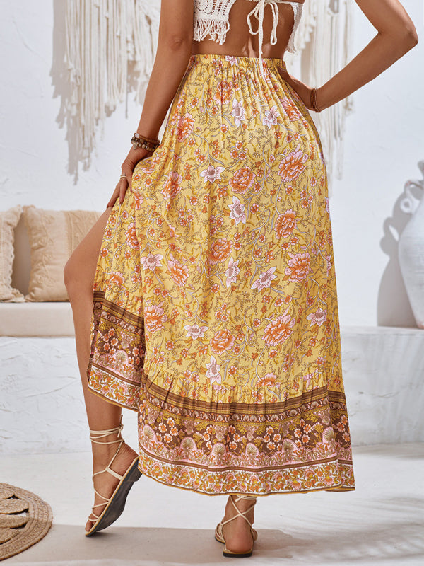 Long boho skirt featuring intricate floral motifs.