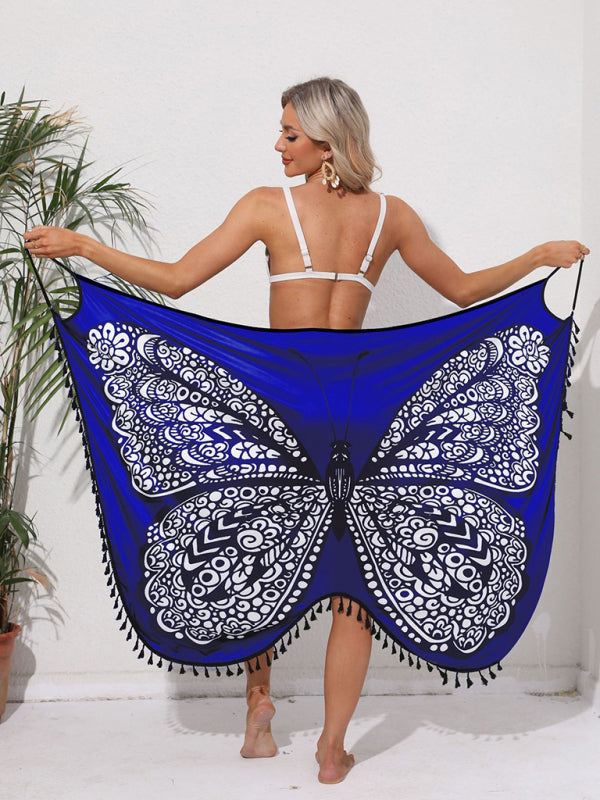 Chic butterfly print beach skirt available in blue, white, and gray.