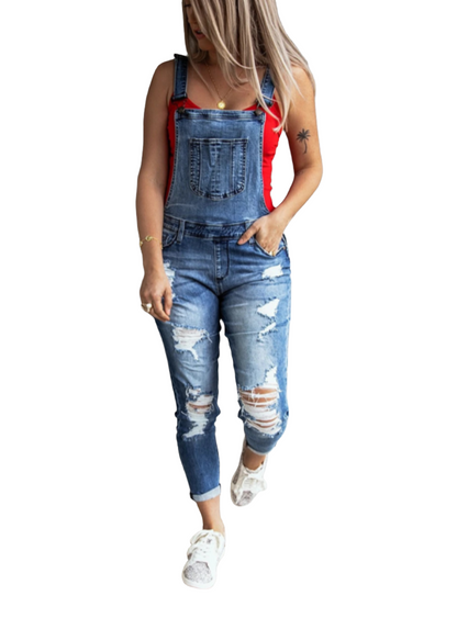 Fashionable distressed overalls with multiple functional pockets.