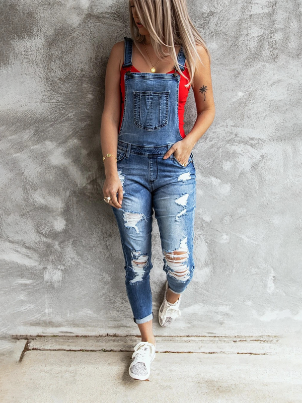 Vintage Ripped Stretch Cropped Denim Overalls