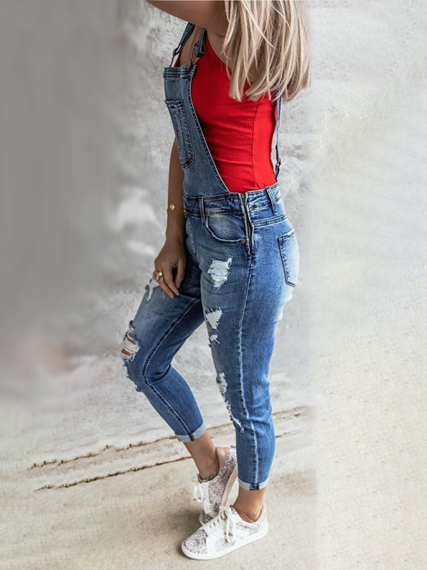 Vintage Ripped Stretch Cropped Denim Overalls