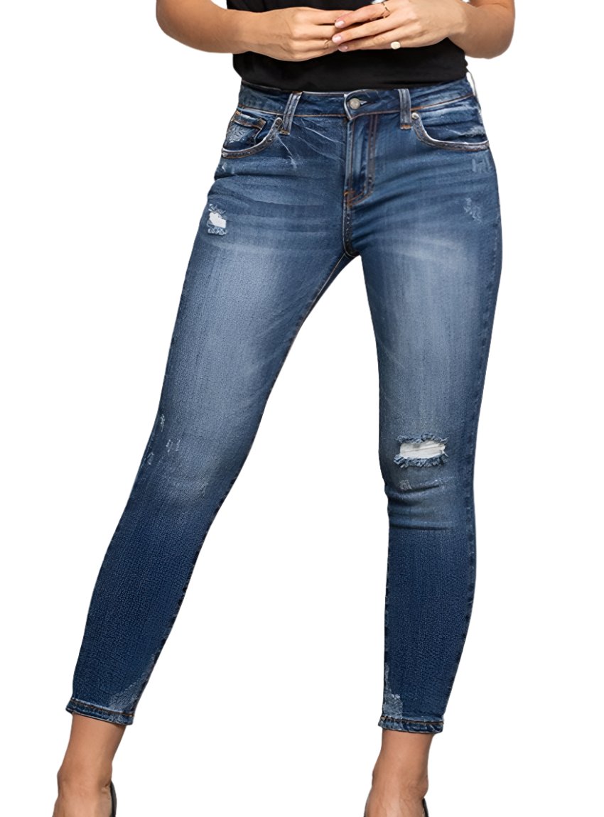 Front view of Insane Gene mid-rise ankle skinny jeans featuring distressed detailing and a sleek fit.