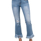 Front view of Insane Gene Mid-Rise Frayed Crop Flare Jeans with light distressing.