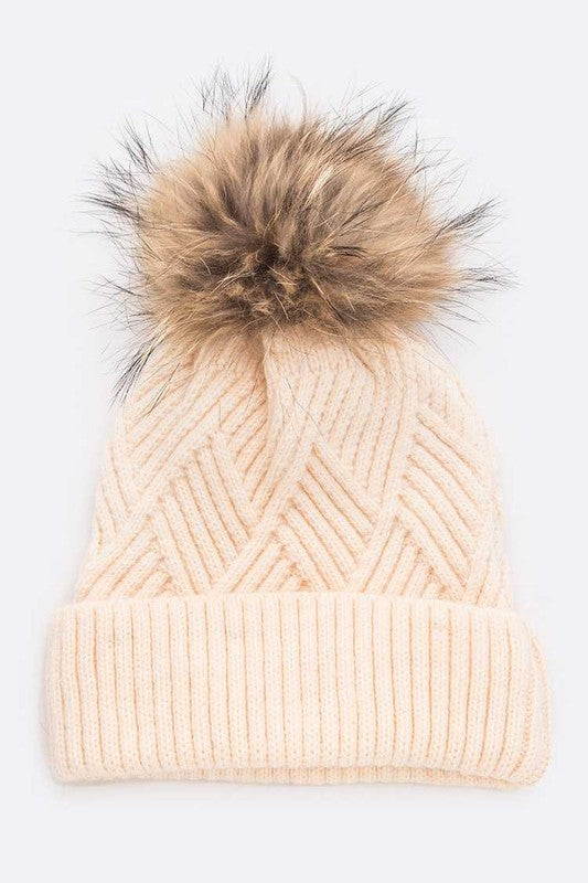 Ivory knit beanie with soft faux fur pom pom accent
