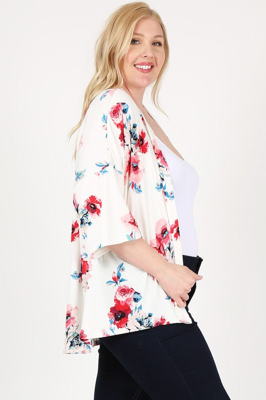 Ivory cardigan with floral print, shown with a loose, comfortable fit