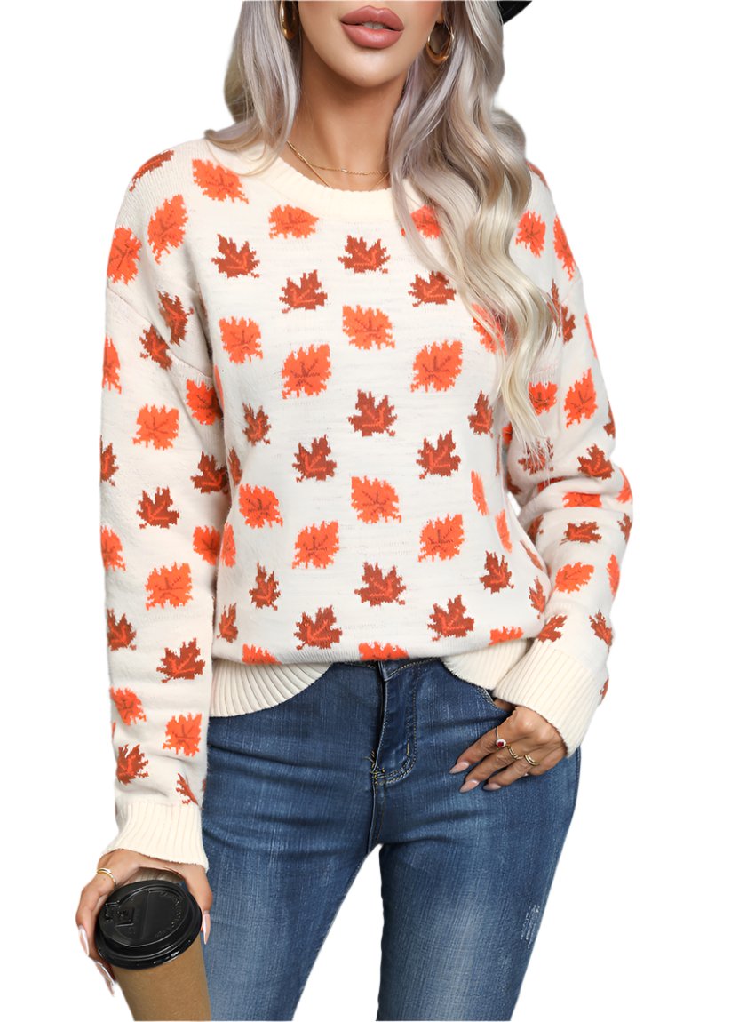 Front view of the ivory fall leaf print sweater, perfect for adding seasonal charm to your wardrobe.

