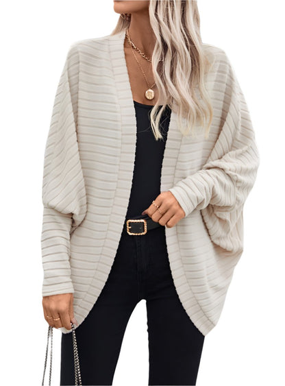 Ivory open-front ribbed cardigan with relaxed fit and drapey silhouette