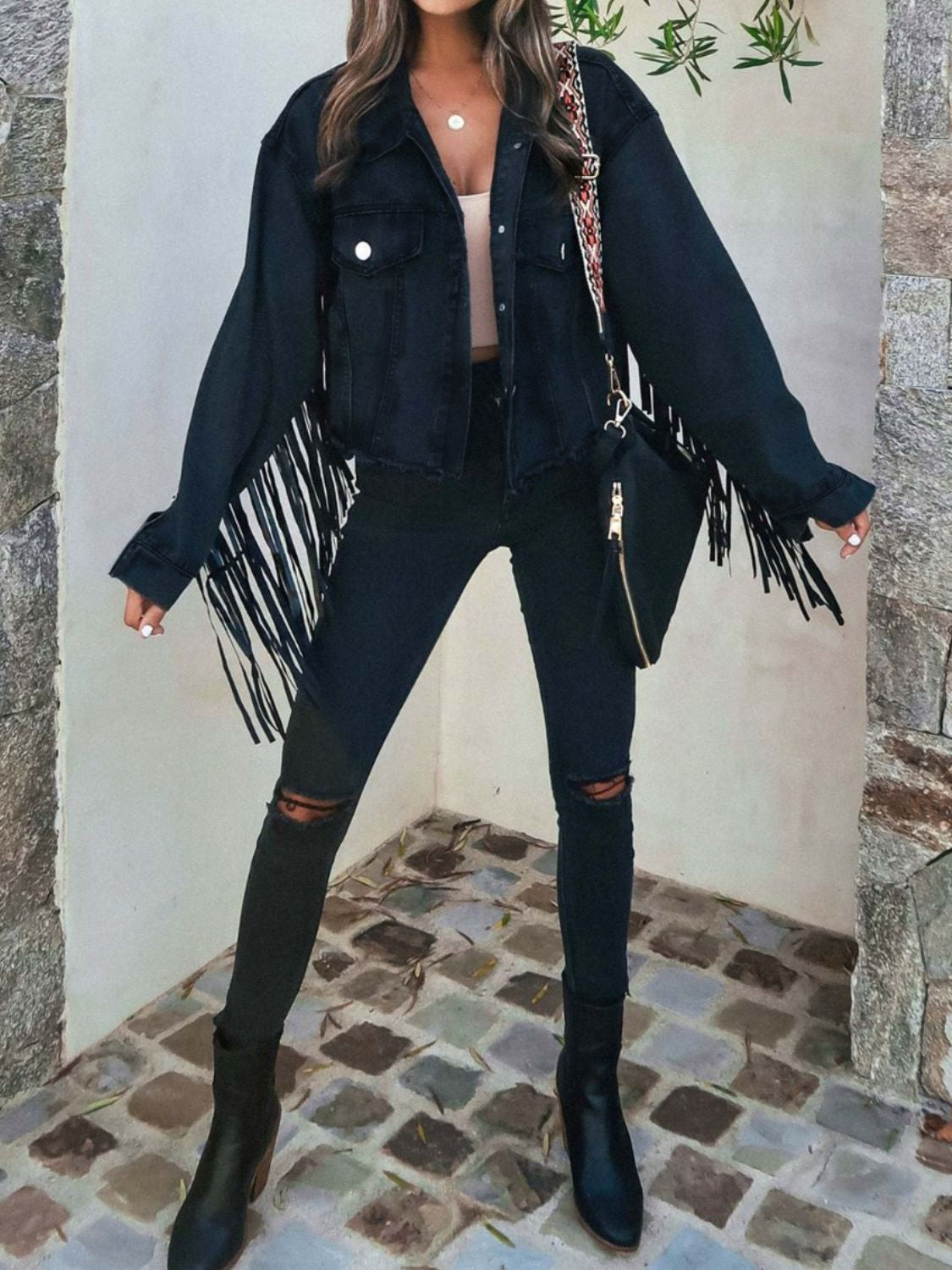 Black Fringe Denim Jacket