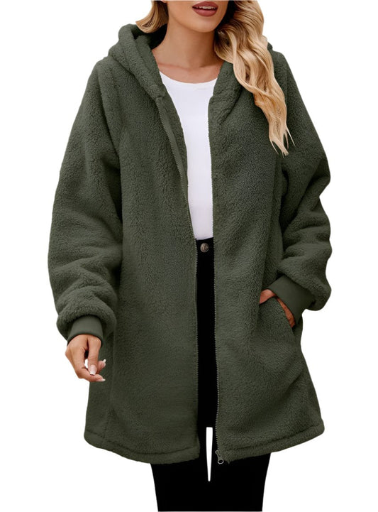 Fuzzy Hooded Pocketed Zip-Up Jacket