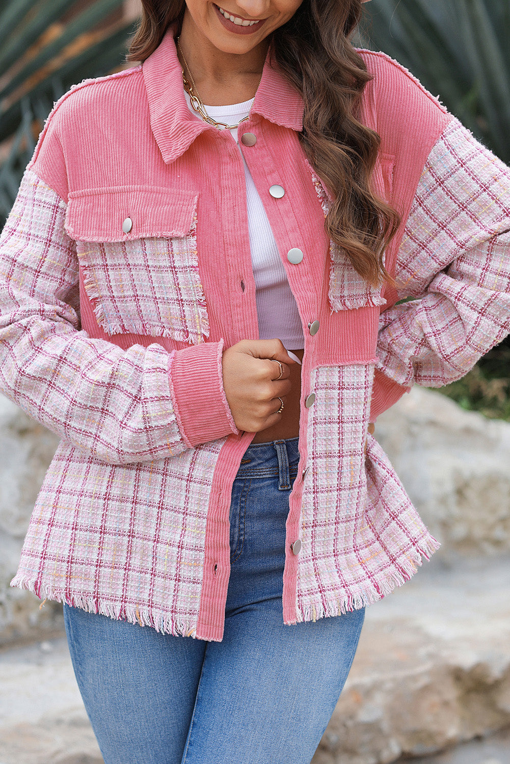 Pink Plaid Corduroy Button Up Shacket