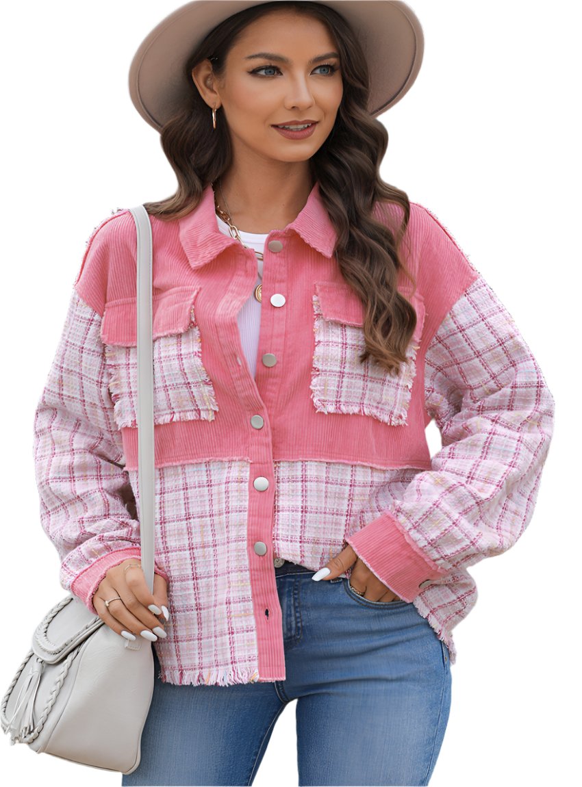 Pink Plaid Corduroy Button Up Shacket