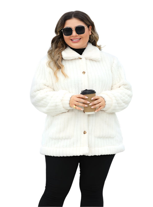 White Plus Size Sherpa Jacket with Collar