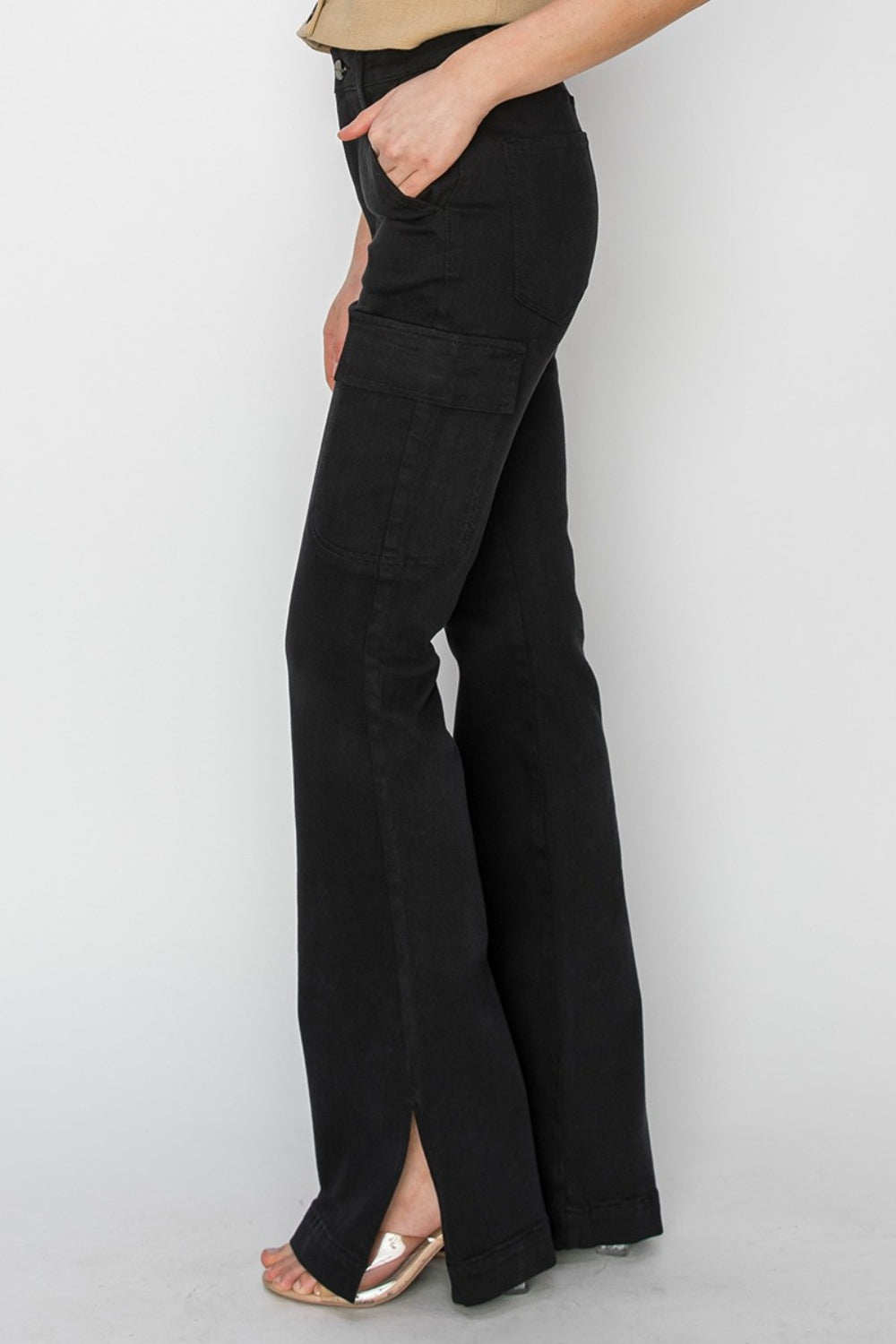 RISEN High Rise Side Slit Cargo Bootcut Jeans In Black - Whimsical Appalachian Boutique