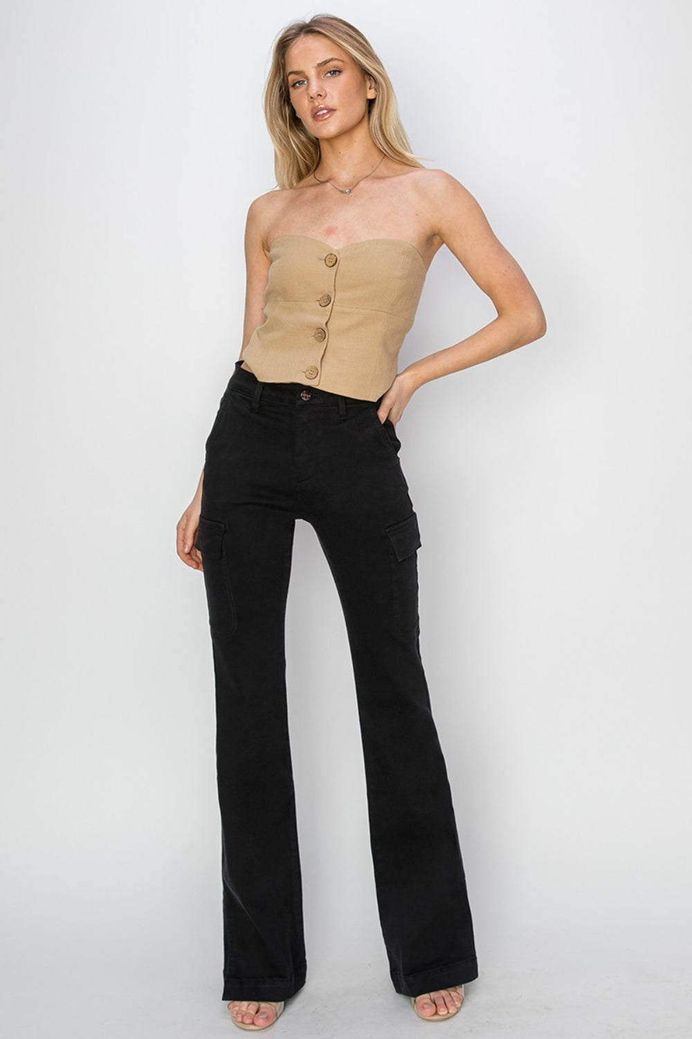 RISEN High Rise Side Slit Cargo Bootcut Jeans In Black - Whimsical Appalachian Boutique