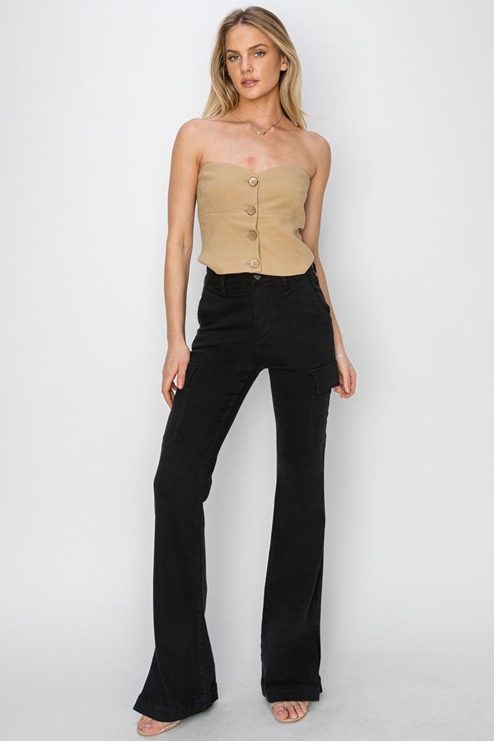 RISEN High Rise Side Slit Cargo Bootcut Jeans In Black - Whimsical Appalachian Boutique