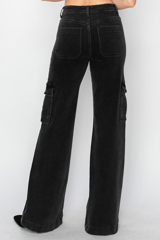 RISEN Jeans | High Rise Wide Leg Cargo | Black