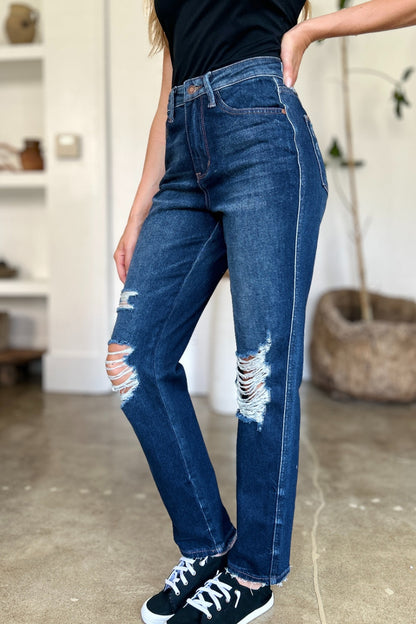 Judy Blue High Waist Rigid Magic Heavy Destroy Straight Jeans - Whimsical Appalachian Boutique