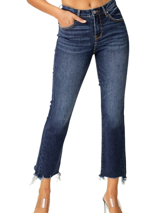 RISEN Frayed Hem Cropped Straight Jeans - Dark - Whimsical Appalachian Boutique