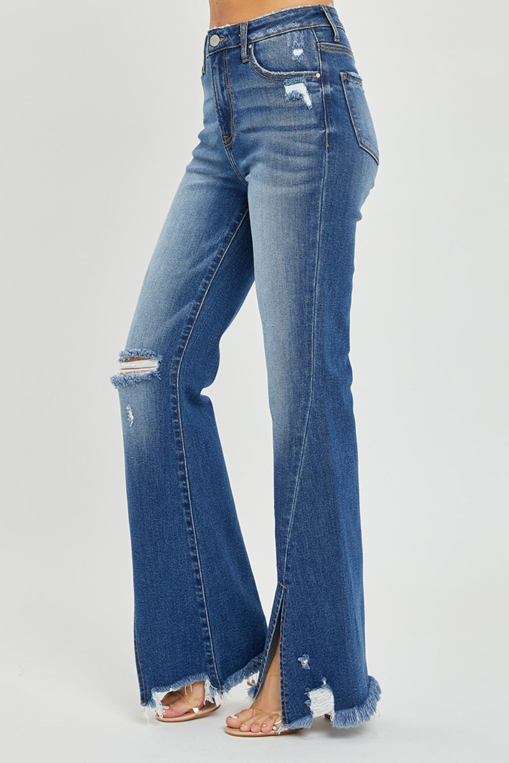 RISEN High Rise Front Slit Frayed Hem Flare Jeans - Whimsical Appalachian Boutique