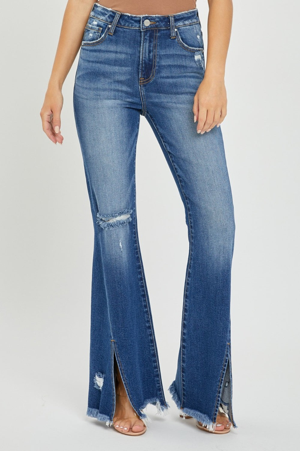 RISEN High Rise Front Slit Frayed Hem Flare Jeans - Whimsical Appalachian Boutique