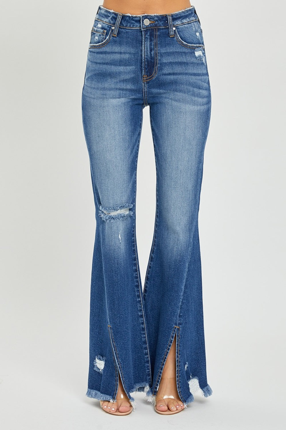 RISEN High Rise Front Slit Frayed Hem Flare Jeans - Whimsical Appalachian Boutique