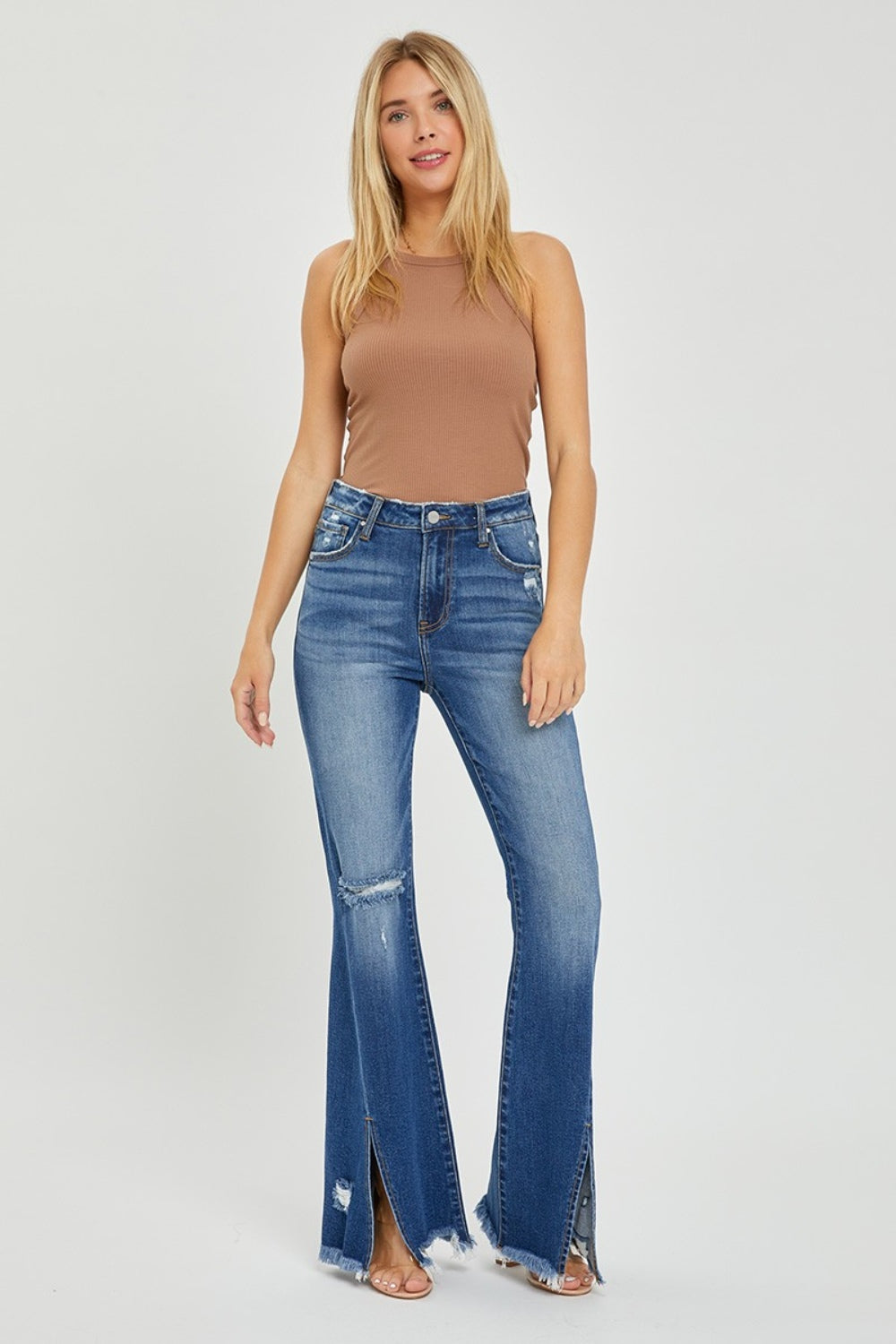 RISEN High Rise Front Slit Frayed Hem Flare Jeans - Whimsical Appalachian Boutique