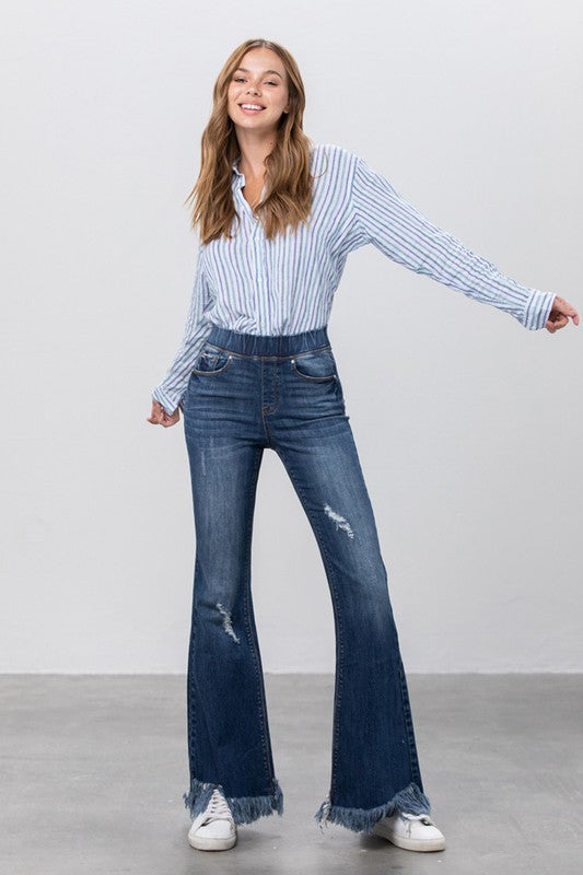 Denim Lab USA Elastic Banded Long Frayed Flare Jeans - Whimsical Appalachian Boutique