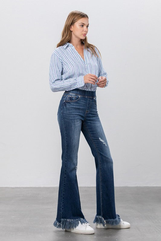 Denim Lab USA Elastic Banded Long Frayed Flare Jeans - Whimsical Appalachian Boutique