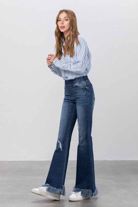 Denim Lab USA Elastic Banded Long Frayed Flare Jeans - Whimsical Appalachian Boutique