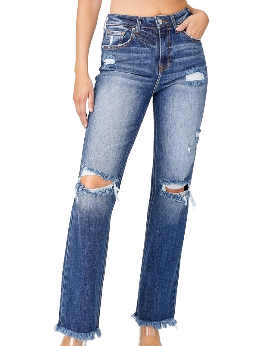 RISEN Raw Hem Distressed Straight Jeans - Whimsical Appalachian Boutique