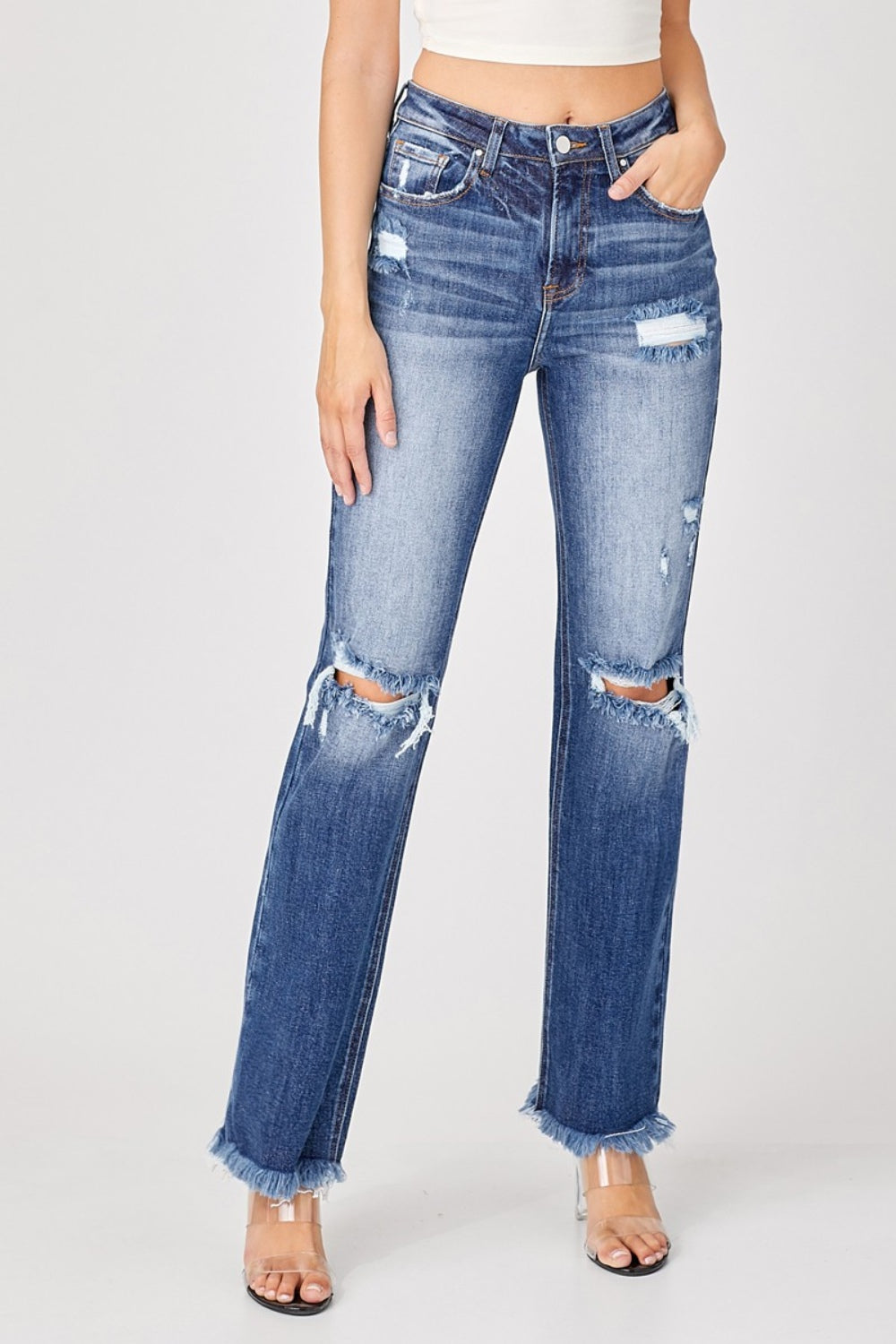 RISEN Raw Hem Distressed Straight Jeans - Whimsical Appalachian Boutique