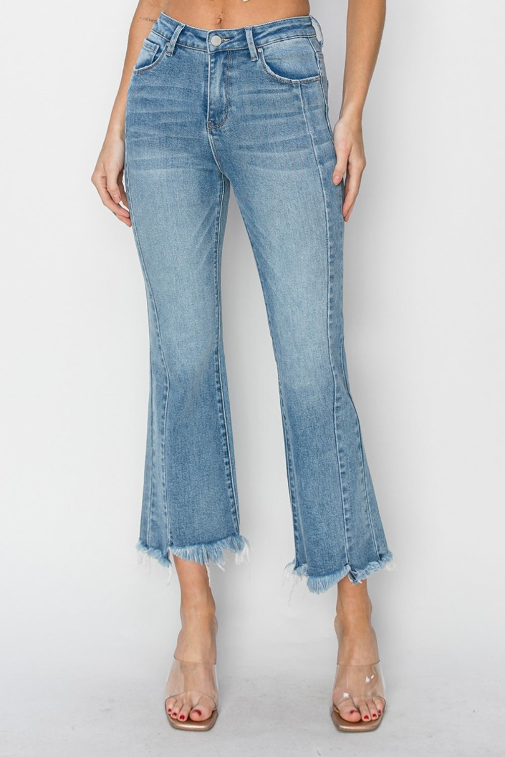 RISEN Cropped Frayed Hem High Rise Flare Jeans - Whimsical Appalachian Boutique