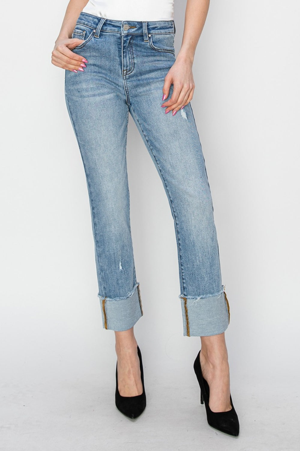 RISEN High Rise Cuffed Slim Straight Jeans - Whimsical Appalachian Boutique