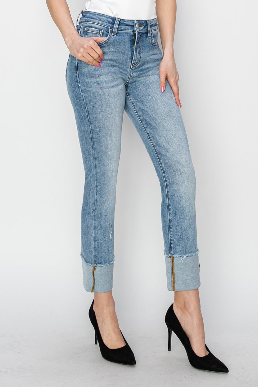 RISEN High Rise Cuffed Slim Straight Jeans - Whimsical Appalachian Boutique