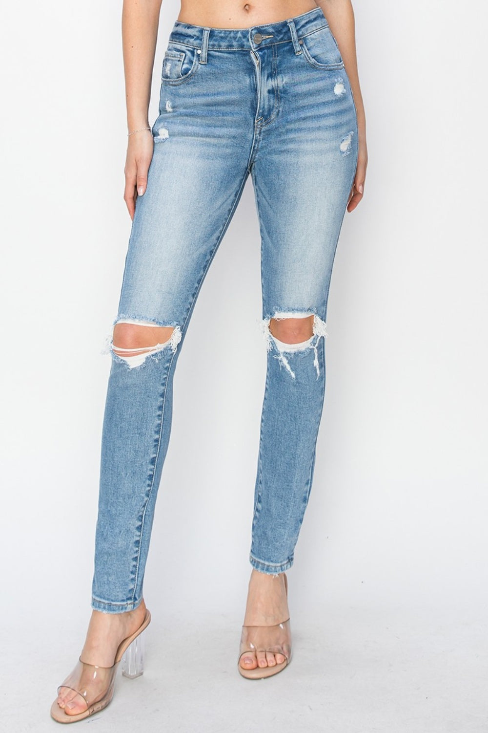 RISEN High Rise Distressed Knee Skinny Jeans - Whimsical Appalachian Boutique