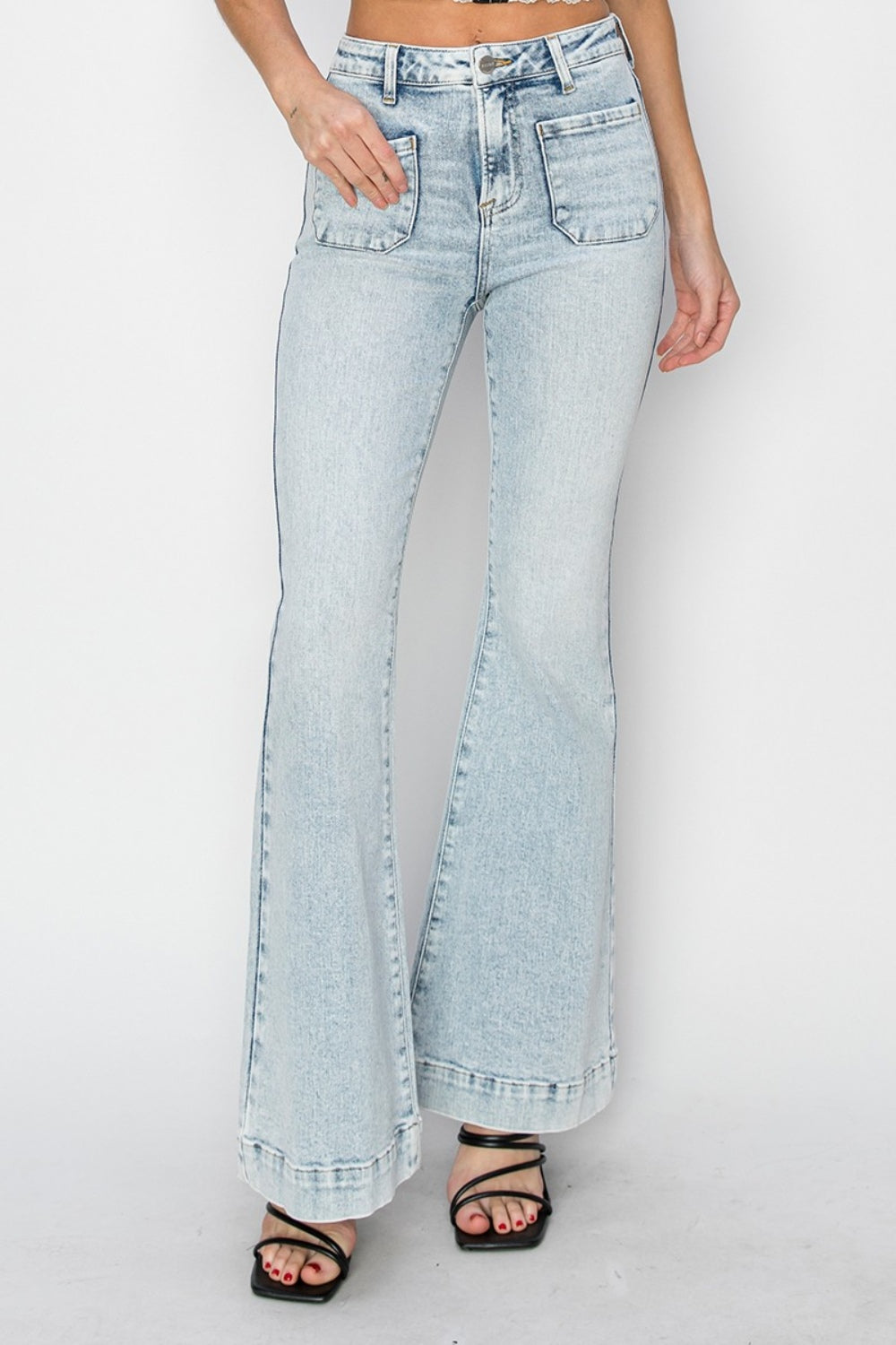 RISEN High Rise Front Patch Pocket Flare Jeans - Whimsical Appalachian Boutique