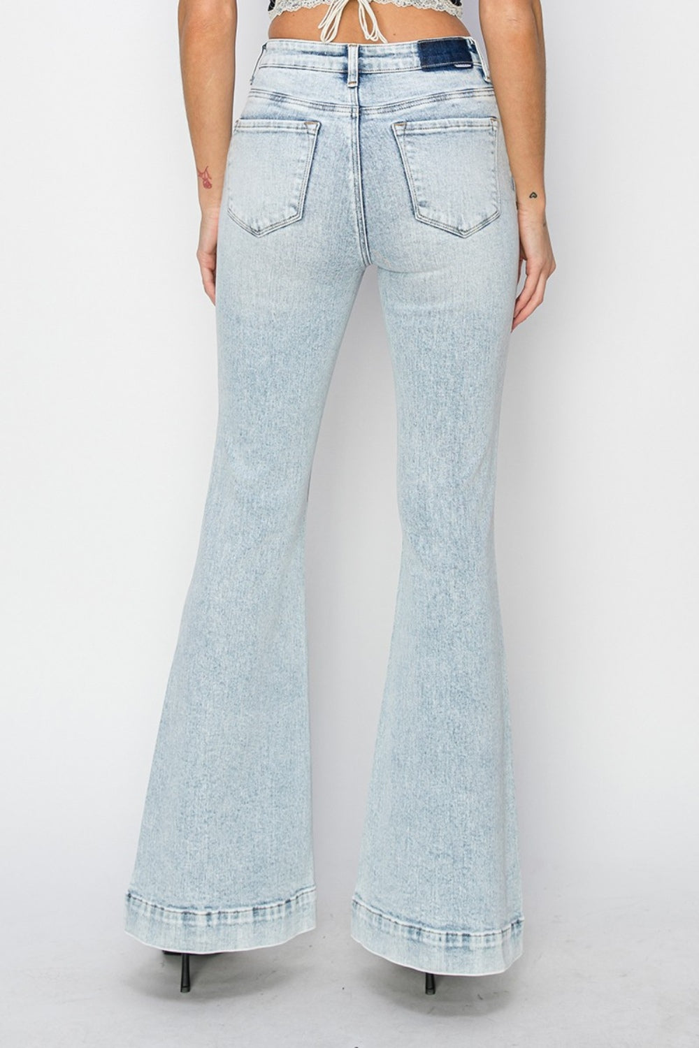 RISEN High Rise Front Patch Pocket Flare Jeans - Whimsical Appalachian Boutique