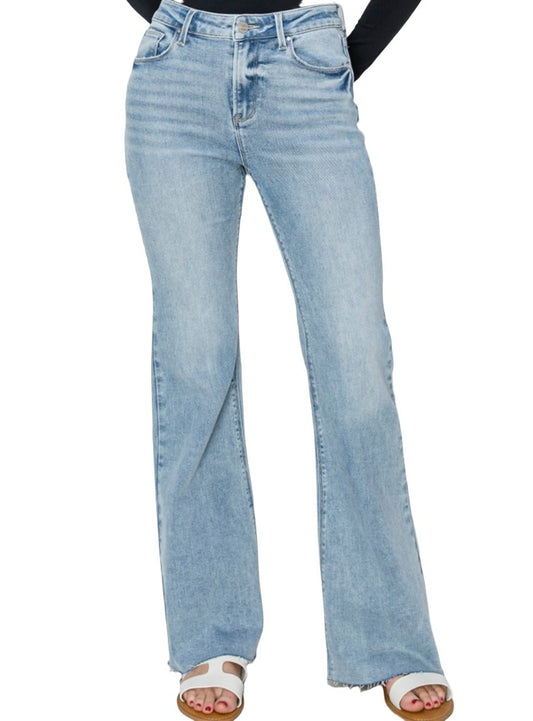 RISEN High Rise Raw Cut Hem Bootcut Light Denim Jeans - Whimsical Appalachian Boutique