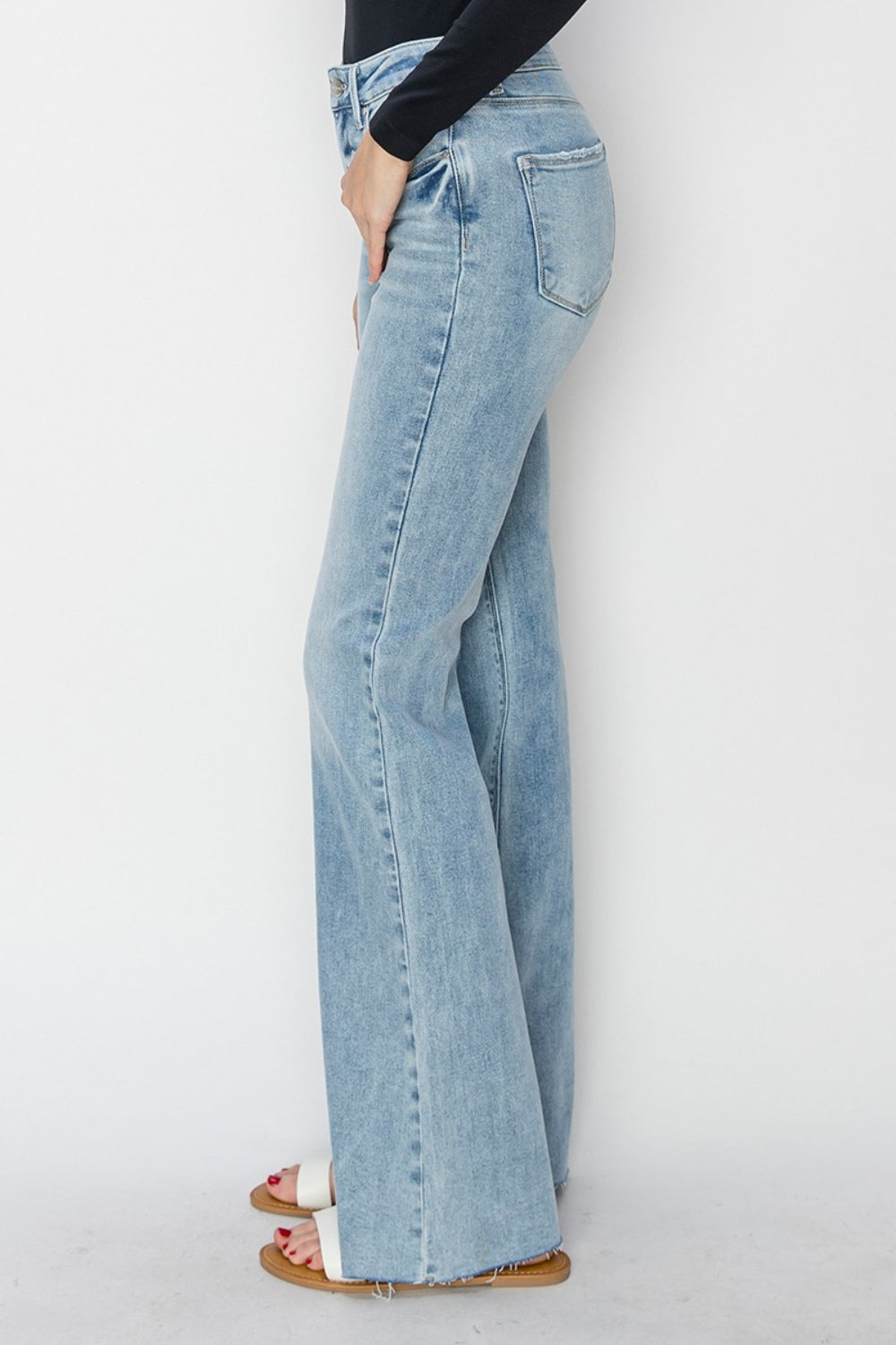 RISEN High Rise Raw Cut Hem Bootcut Light Denim Jeans - Whimsical Appalachian Boutique