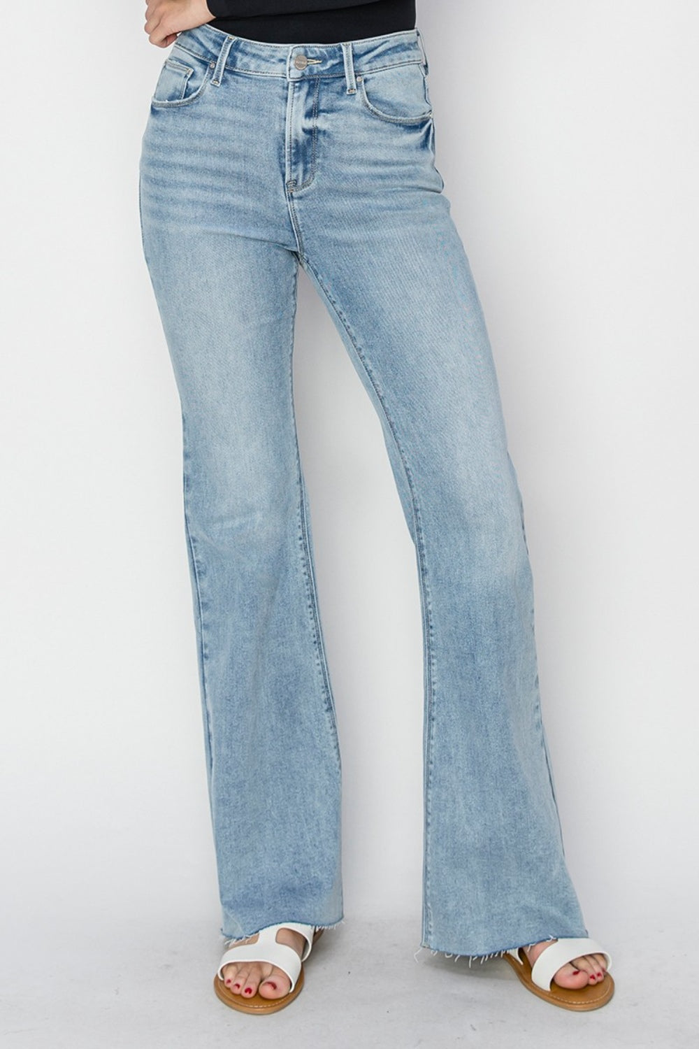 RISEN High Rise Raw Cut Hem Bootcut Light Denim Jeans - Whimsical Appalachian Boutique