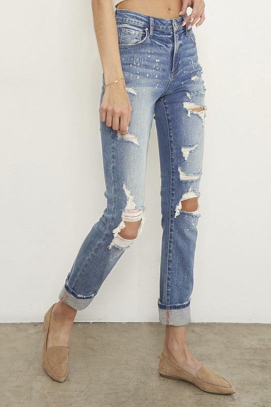 Denim Lab USA Destroyed Front Girlfriend Jeans - Whimsical Appalachian Boutique