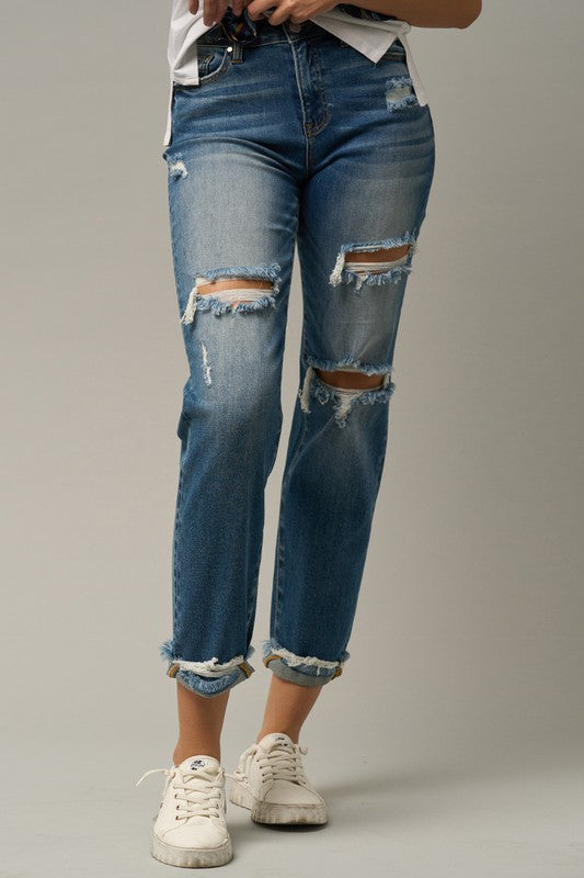 Denim Lab USA High Waist Ripped Boyfriend Jeans - Whimsical Appalachian Boutique