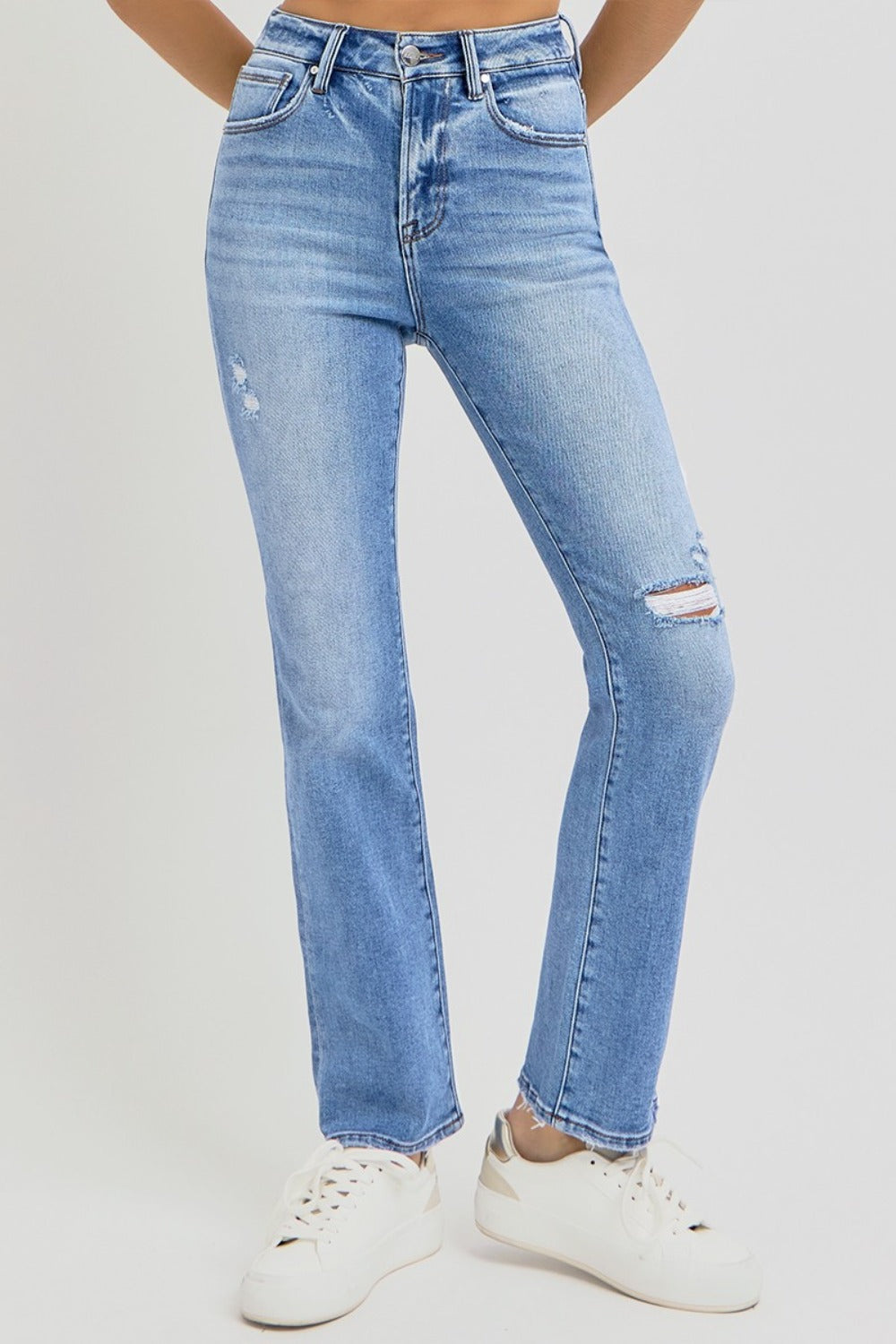 RISEN Distressed High-Rise Ankle Straight Jeans