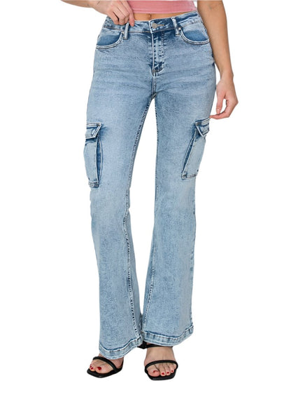 RISEN High Rise Cargo Flare Jeans