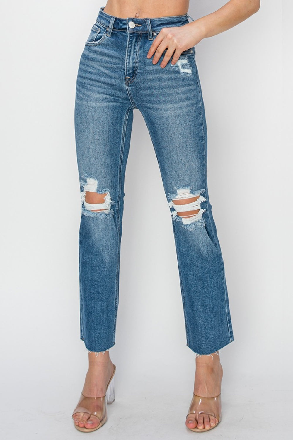 RISEN High Rise Distressed Ankle Jeans - Whimsical Appalachian Boutique