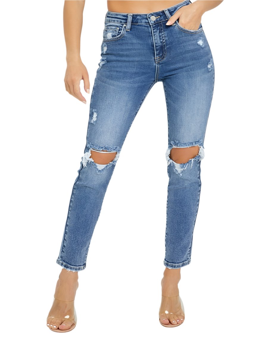 RISEN High Rise Knee Distressed Skinny Jeans - Medium Wash - Whimsical Appalachian Boutique