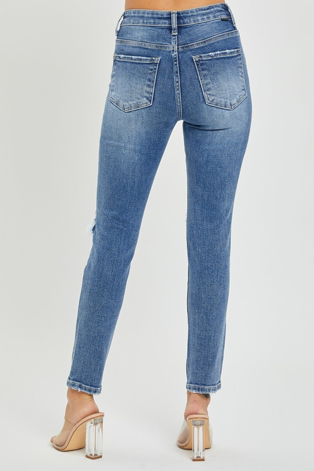 RISEN High Rise Knee Distressed Skinny Jeans - Medium Wash - Whimsical Appalachian Boutique