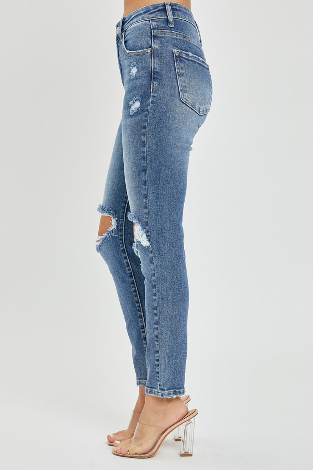 RISEN High Rise Knee Distressed Skinny Jeans - Medium Wash - Whimsical Appalachian Boutique