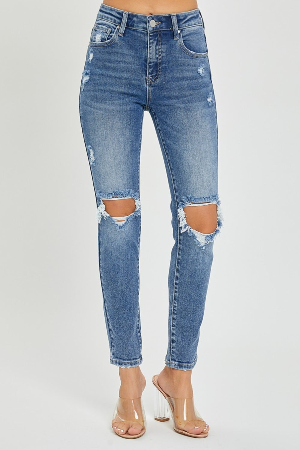 RISEN High Rise Knee Distressed Skinny Jeans - Medium Wash - Whimsical Appalachian Boutique