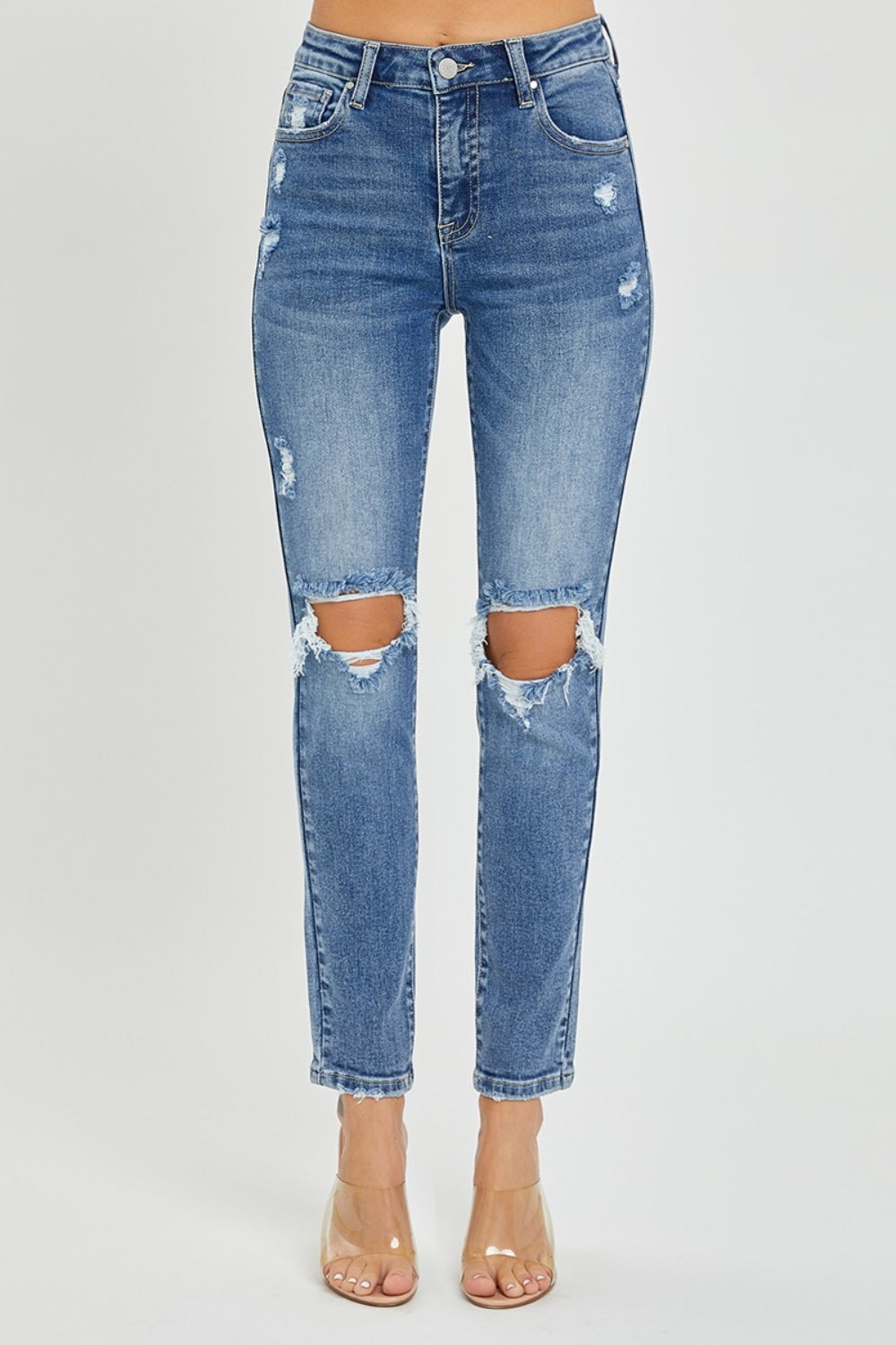 RISEN High Rise Knee Distressed Skinny Jeans - Medium Wash - Whimsical Appalachian Boutique